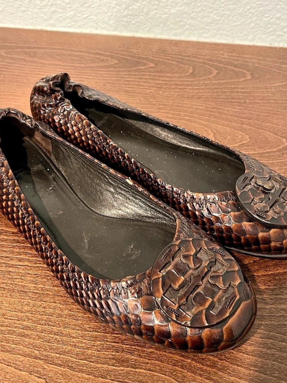 Tory Burch Reva Python-Embossed Leather Ballet Flats Brown